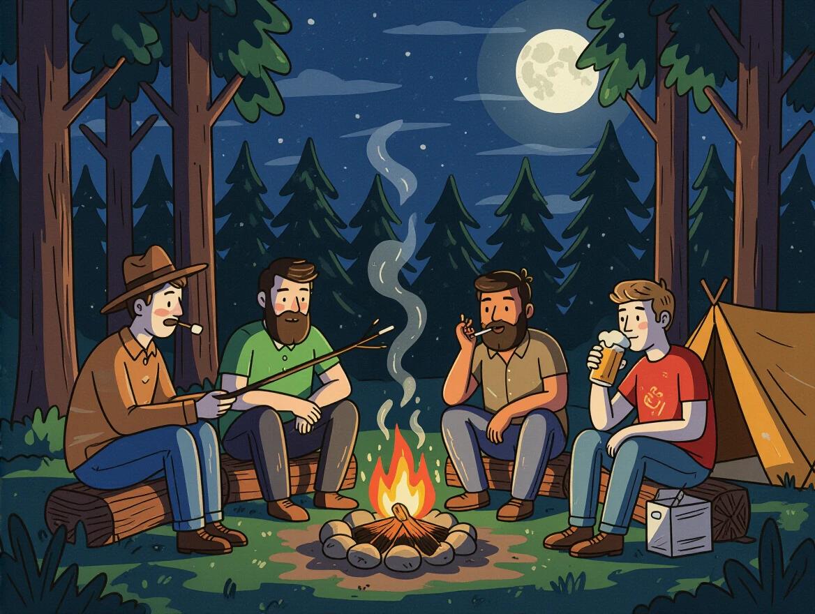 Dark illustrated scene featuring four adults in their late 30s gathered around a campfire under a full moon. One person wears a hat and roasts a marshmallow, another smokes a joint, the third gestures while telling stories, and the fourth enjoys a beer. Tall trees surround the campsite. A tent is visible in the frame while a deer lurks in the background.