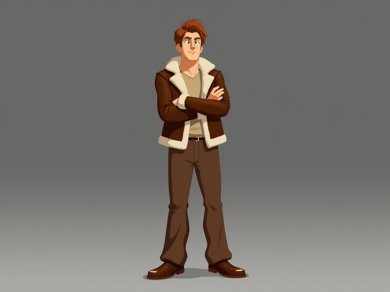 This image features an animated character standing confidently with arms crossed. The character is wearing a stylish brown jacket with a fluffy collar over a light-colored shirt. They have on brown pants that match the jacket, and they stand with a relaxed yet assertive posture. The jacket has a vintage vibe, giving the character a cool and composed appearance. The overall look suggests a character that embodies a sense of confidence and style, appealing to a contemporary audience. There is no identifiable face, and the character's expression and features remain neutral and cartoonish.