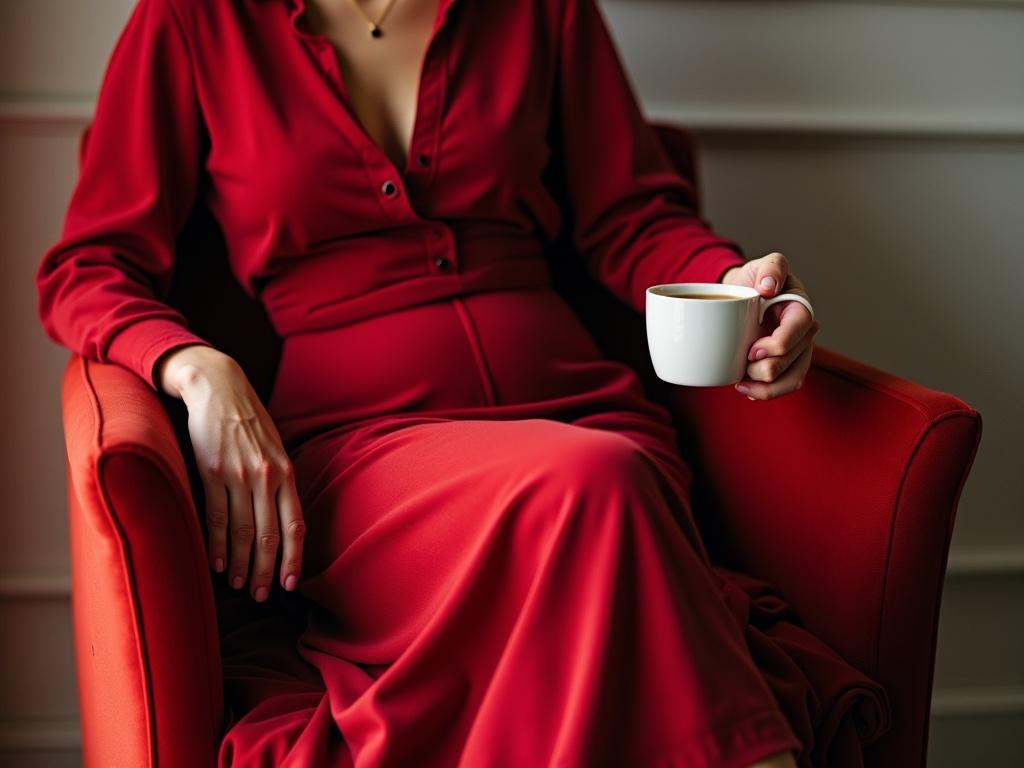 Young woman with red hair sitting on a chair. She is round with strong curves. Dressed in a red gown. Legs crossed with a coffee cup in hand.