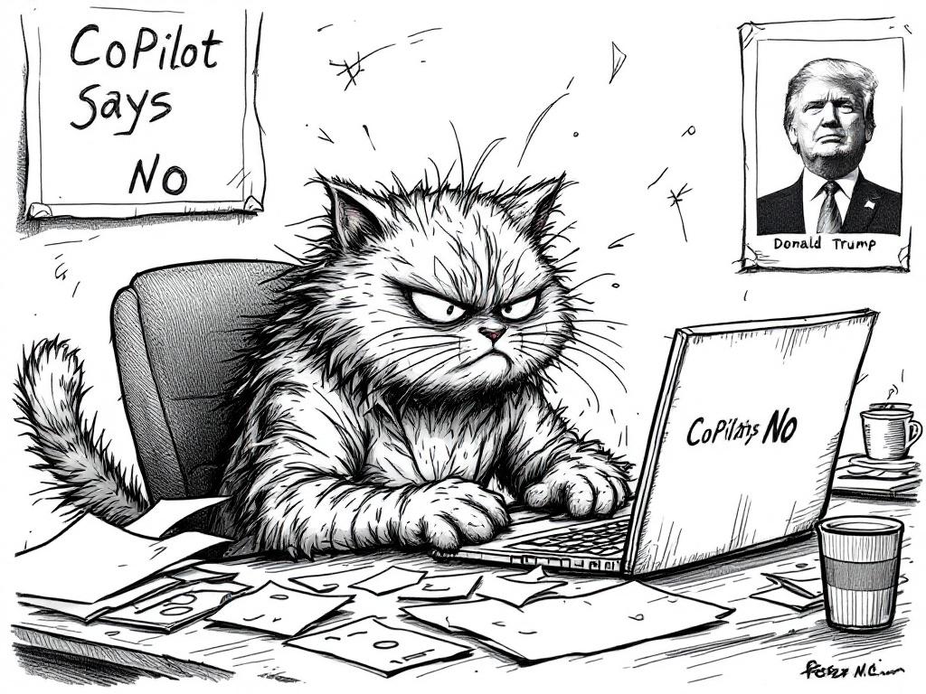 Black-and-white cartoon in underground style. Frustrated angry looking cat with messy hair and sweat on forehead. Screen says 'CoPilot Says No'. Slouched at a messy desk with coffee stains and scattered papers. Background poster of Donald Trump. Hand-drawn look, rough and satirical, landscape format.