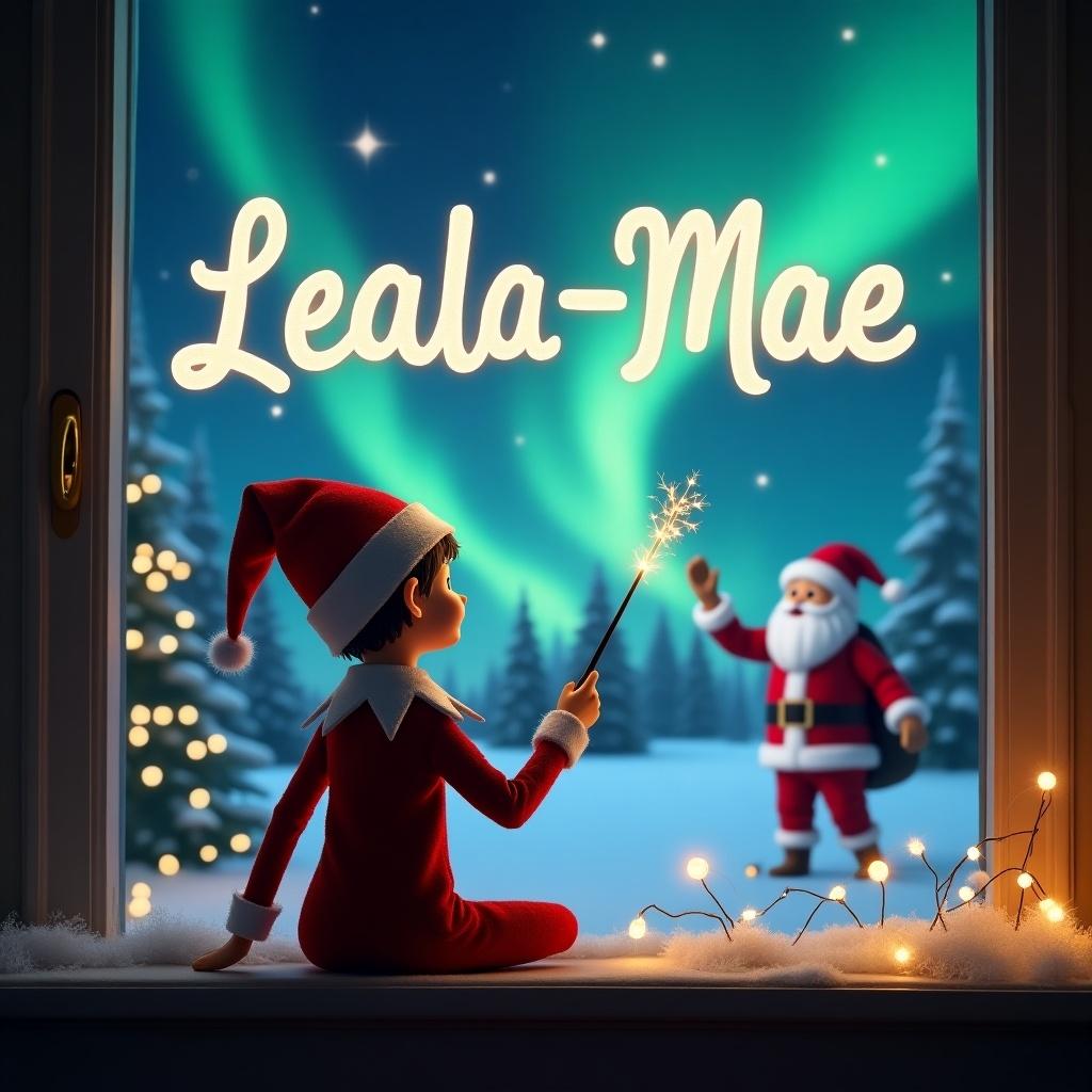 Elf on the shelf with back facing camera. Magical Christmas scene. Northern lights in background. Santa is present. Elf uses wand to write 'Leala-Mae' in sky.