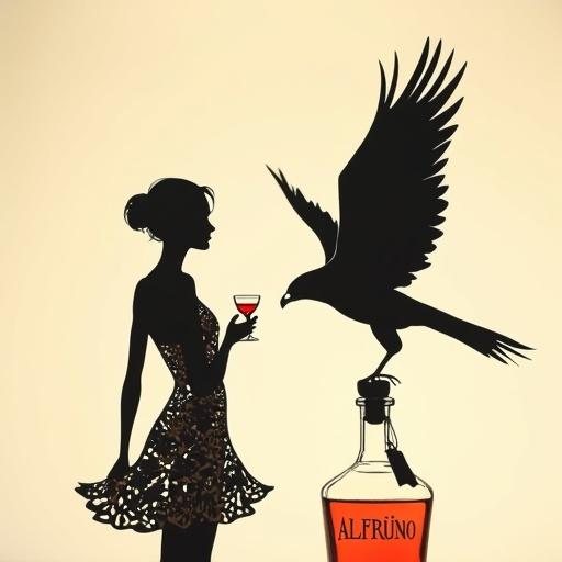 Minimalist papercut silhouette in black against beige. Elegant woman poses with a drink. Hair styled in an elegant updo. Wearing a flowy dress with floral motifs. Holding a shot glass at her chest. Talking to an oversized falcon. A spirit bottle labeled ALFRUNO at the bottom. Bright shimmering liquid in the bottle.