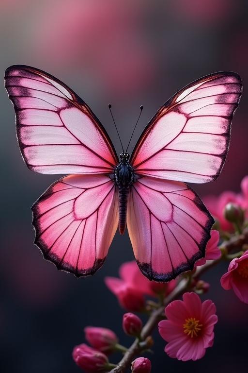 A butterfly displays a stunning dark pink and white color combination. The wings are intricately patterned. The butterfly sits on a branch adorned with blooming flowers. The background is softly blurred. Details of the butterfly’s structure are clear and vivid.