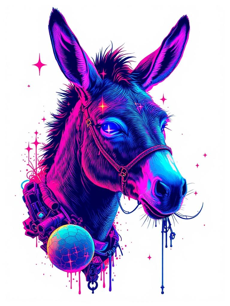 A donkey illustration with neon colors. Hyper-detailed vector design featuring surreal elements. White background. A mix of pop culture styles with vibrant features.