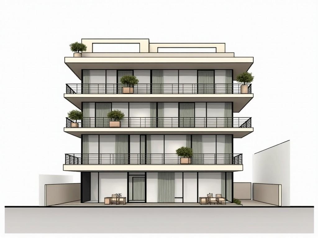 The image showcases a well-designed 4-floor building with a commercial shop on the ground floor and residential apartments on the upper floors. Each residential unit features balconies adorned with potted greenery, adding a touch of nature to the facade. Large glass windows provide ample light and create an inviting appearance. The ground floor shop area is designed to be accessible, encouraging foot traffic. The overall structure combines modern aesthetics with functional design, making it suitable for urban living.