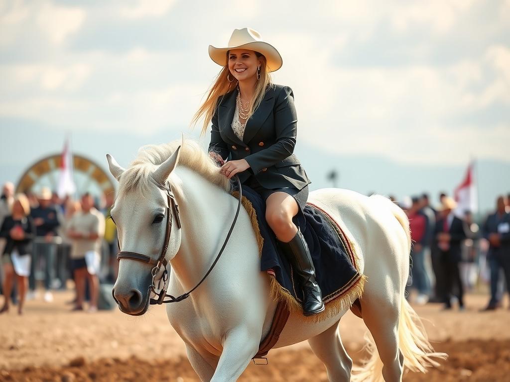 A woman in a cowboy hat rides a white horse, exuding confidence and grace in an outdoor setting with spectators.