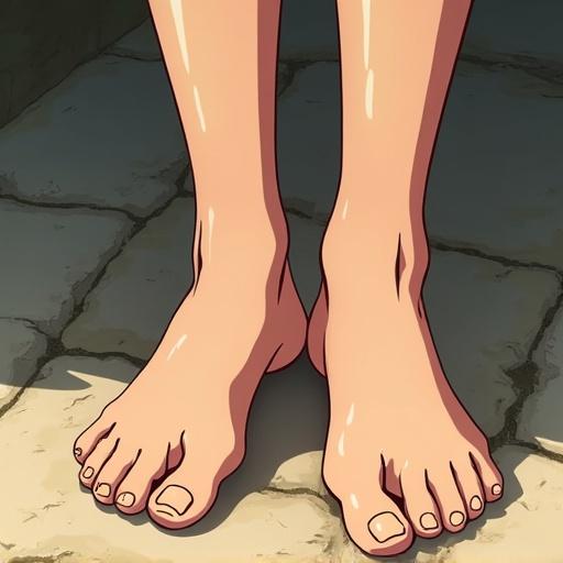 Anime-style drawing features Makima's feet. Feet appear slightly sweaty and shiny. Close-up on the toes and foot arches. The background is softly lit. The setting is casual with a warm tone.