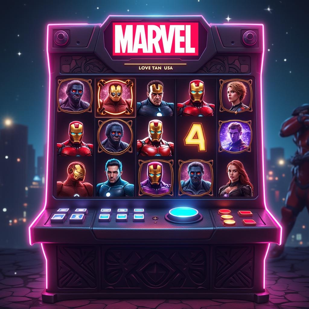 Marvel-themed slot machine design featuring iconic superhero characters and neon effects.