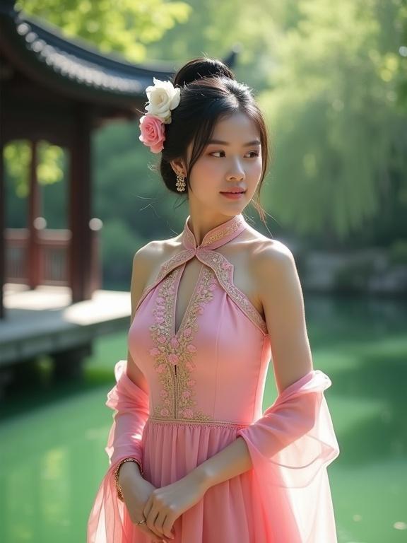 Photograph features an East Asian woman by a serene green pond in a traditional Chinese garden. Fair skin and black hair styled in an elegant updo with flowers. Pink halter-top dress with gold embroidery and a sheer pink shawl. Lush greenery and a Chinese pavilion in the background.