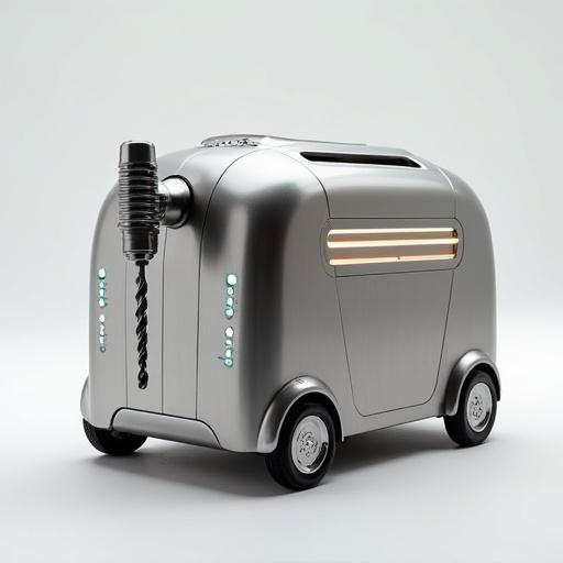 A futuristic toaster with four wheels and a protruding electric drill bit. The toaster features a brushed metal design with smooth curves. Soft glowing LED controls and digital displays are included. It presents an inventive sci-fi aesthetic with an industrial contrast. The setting is minimalist and clean.