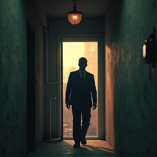 A silhouette of a man in a suit walks down a dimly lit hallway. An open door at the end reveals a warm, glowing light. The scene has an eerie and suspenseful feel. Reflects themes common in heist films and crime thrillers.