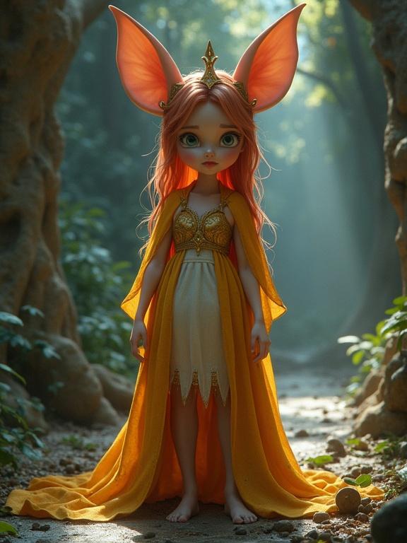 A whimsical female character with large ears. Dressed in a yellow gown with a flowing cape. Surrounded by a magical forest environment. Soft lighting filtering through trees.