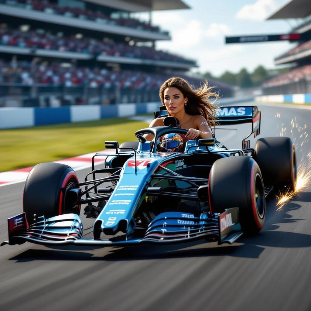 A beautiful woman driving a high-performance Formula 1 car at full speed on a racetrack. Her eyes are focused and intense. Long hair flows inside the open cockpit. Sparks fly from the car bottom. Tires grip the asphalt. The car is captured in a dramatic dynamic angle with realistic motion blur. Photo-realistic detail with ultra high resolution and 4K quality. The lighting is cinematic. The woman's face is hyper-realistic.