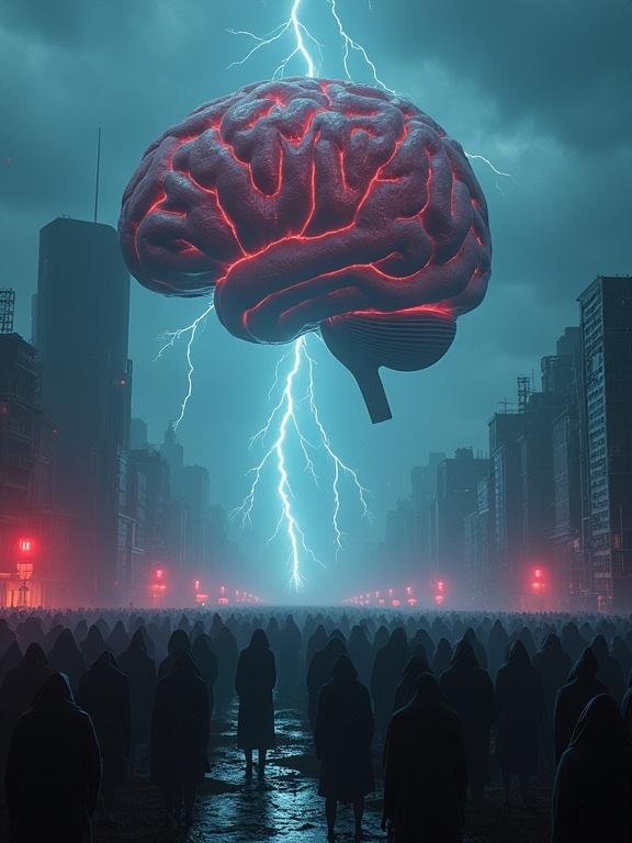Massive artificial intelligence brain floats over ruined cityscape. Hundreds of hooded figures kneel in worship. Eerie red and blue lights on the ground. Dark sky with electric storms. Post-apocalyptic tone with dramatic shadows and wide camera angle.