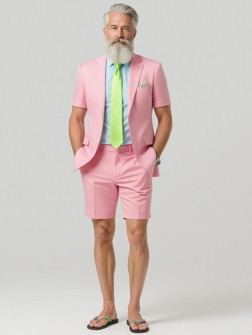 Serious businessman poses in a bold pink short sleeved suit paired with matching shorts. Sky blue shirt and neon green tie add vibrancy. Long decorated beard emphasizes style. Casual flip flops completed the look.