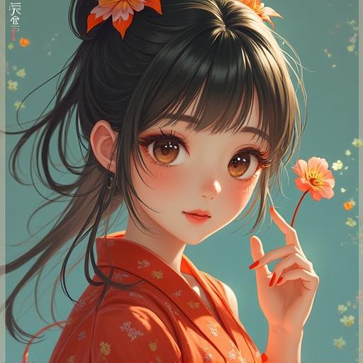 Illustration of a woman in traditional attire. The woman has long black hair. She holds a flower in her hand. The background is softly colored. Her attire is red. She has floral hair ornaments. The focus is on her hand and the flower.