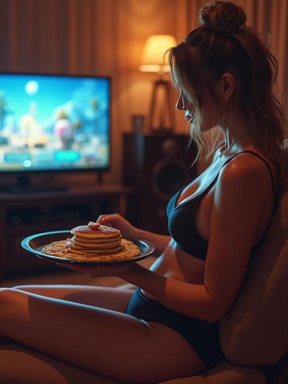 Sutry mother in casual shorts sitting in a gaming room. Holding a tray of pancakes. Evening ambiance with soft lighting and entertainment setup.
