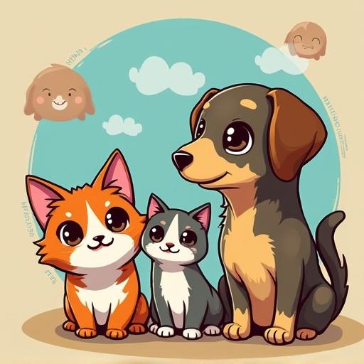 A cheerful illustration of three pets. Two cartoon cats and one cartoon dog sit together in a playful pose. Soft colors with a light blue background and fluffy clouds.