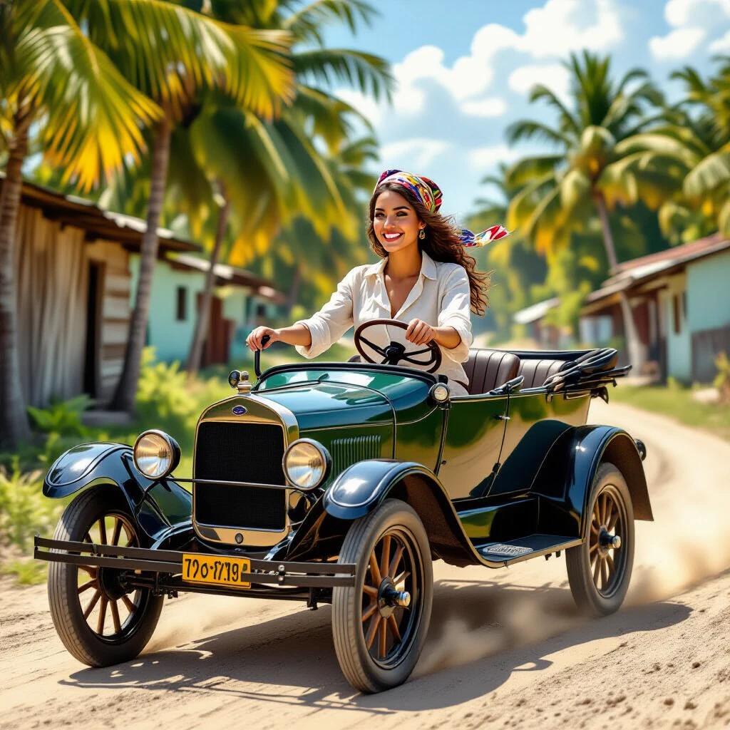 A young Cuban woman drives a vintage Ford Model T on a dusty road. She has brown skin and dark hair tied back with a colorful scarf. She wears a white linen blouse and smiles confidently at the steering wheel. The car is open-top and shows weathered paint and brass headlights. The environment includes tropical palm trees and wooden shacks with vibrant foliage. Dust rises off the road under a bright sun.