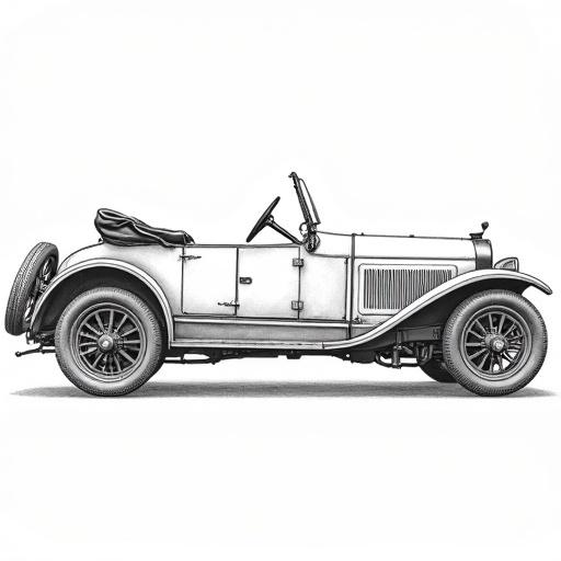 A representation of a vintage convertible car with a simple and clean design. Mechanical details are present but not extravagant. The image has a white background, making it suitable for design studies or coloring pages. The drawing is precise and clear.