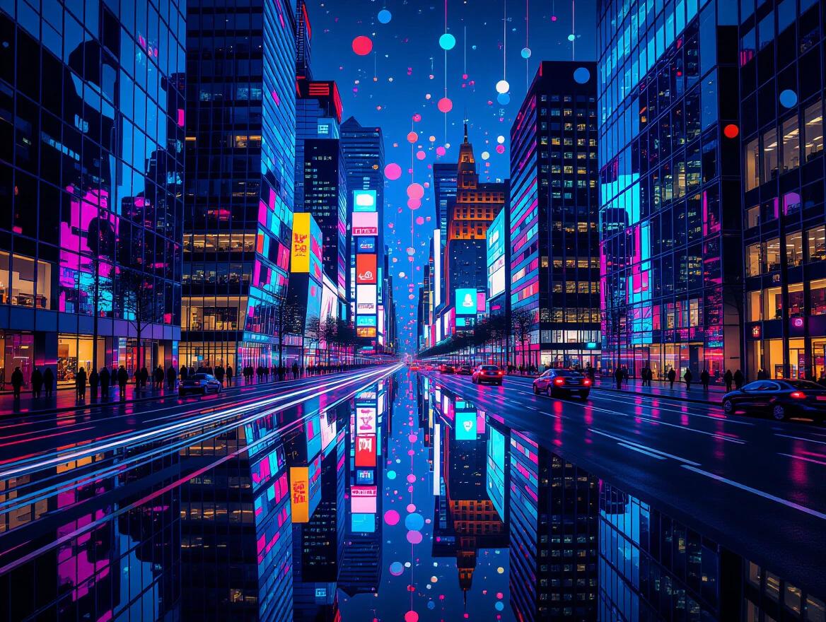 Surreal reflective metropolis with colorful lights. Lights bounce off massive mirror facades. Creates a hypnotic pattern of colors in the city. Evening scene with vibrant reflections and a bustling urban atmosphere.