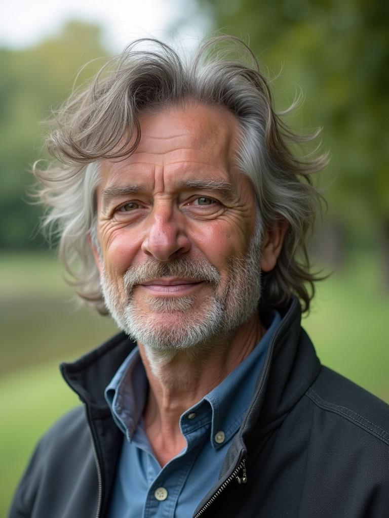 A 50 year old male is outside in a park near a lake. He has long salt and pepper hair. He is wearing a blue shirt and a black jacket. The background showcases trees and water.