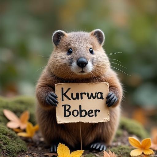 A beaver is holding a paper sign. The sign has the text Kurwa Bober. The setting is outdoors in natural habitat with blurred background and fallen leaves. The beaver has a cute expression.