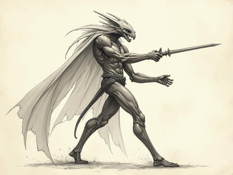 Technical drawing of a quickling lord humanoid. Creature depicted with a muscular physique and long flowing hair. Wielding a sword. Dynamic pose suggests speed and power. Art Deco influences in design.