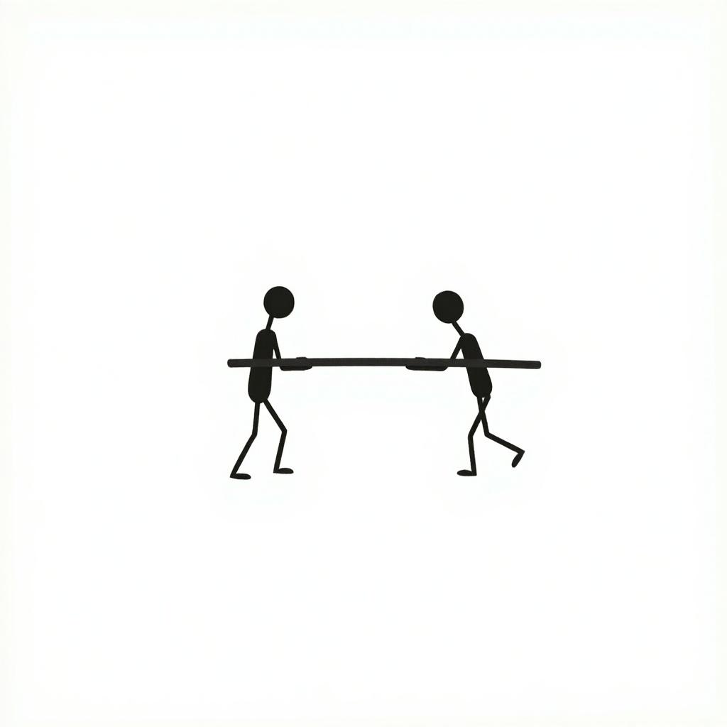 Two stick figures are carrying a wooden pole. The image is black and white. It features simple lines and minimal detail.