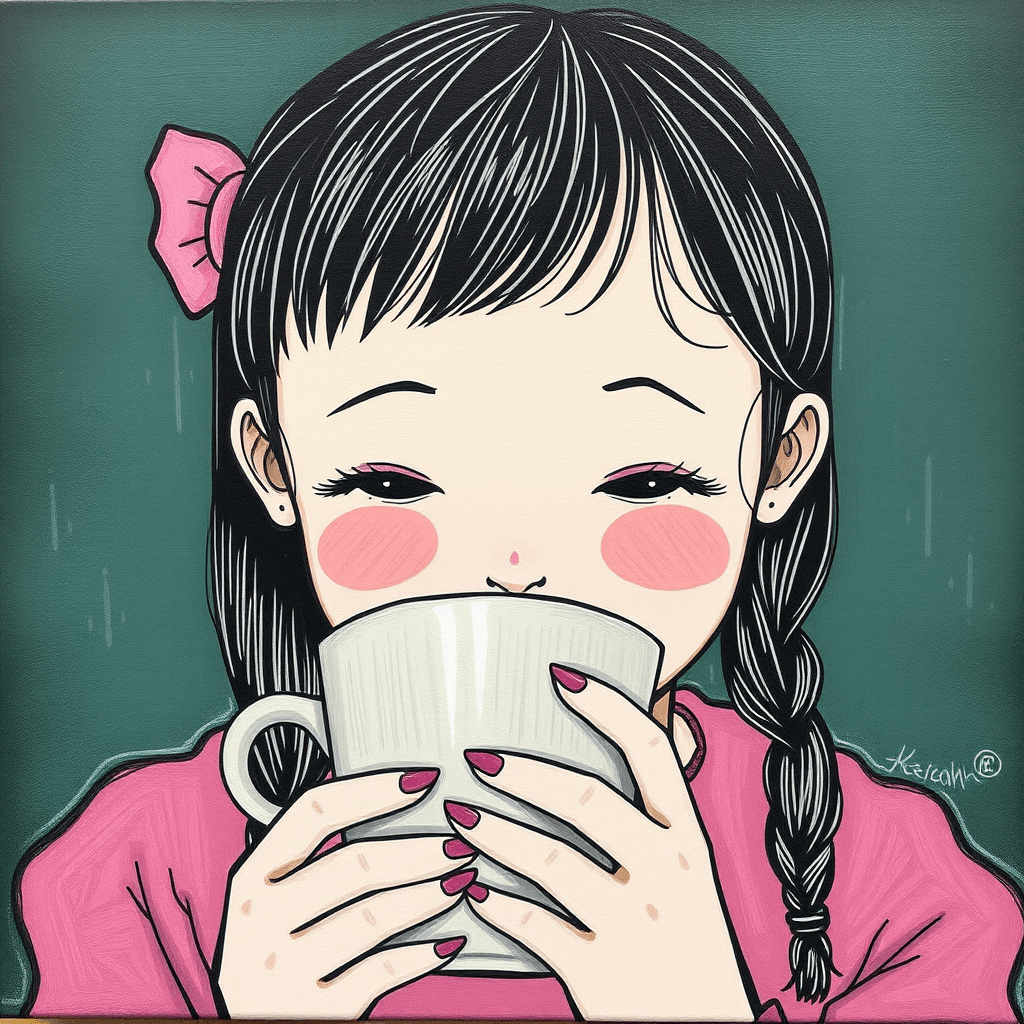 A stylized illustration of a girl with rosy cheeks, sipping from a large cup.