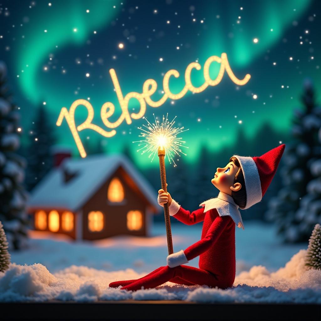 An elf on the shelf is positioned with its back to the viewer. This charming figure gazes up towards a beautifully lit sky. It holds a sparkling wand that emits a dazzling light. Above, the northern lights swirl in vibrant colors, enhancing the nighttime scene. In the background, a cozy house adorned for Christmas adds a heartwarming touch. Soft snow blankets the ground, completing the enchanting winter atmosphere. The name 'Rebecca' is magically created in the air with the wand, symbolizing holiday joy and wonder.