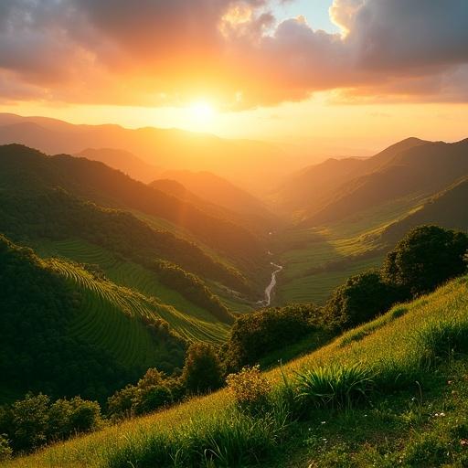 Breathtaking sunrise over lush green valleys and terraced fields with vibrant colors and soft lighting