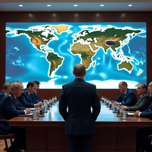 Scene in Kremlin's strategy room. Man in military suit stands at head of large conference table. Military leaders engaged in discussion. Screens display global maps and navy blueprints. Planning for future naval operations.