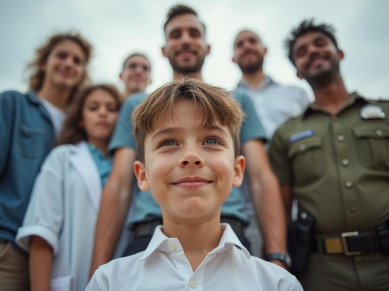 Wide angle close-up of a young boy's face in white. Background includes businessman doctor engineer teacher programmer policeman soldier. All look up hopefully with slight smiles. Focus on boy's face.