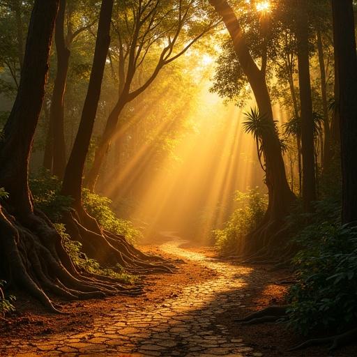 Dense jungle under a blazing afternoon sun. Trees with twisted roots create shadows. Intense sunlight pierces through the canopy. Sharp golden beams on the ground. The dry cracked earth shimmers in the heat. Leaves look wilted. Distant insects fill the humid air. Scene is warm and golden.