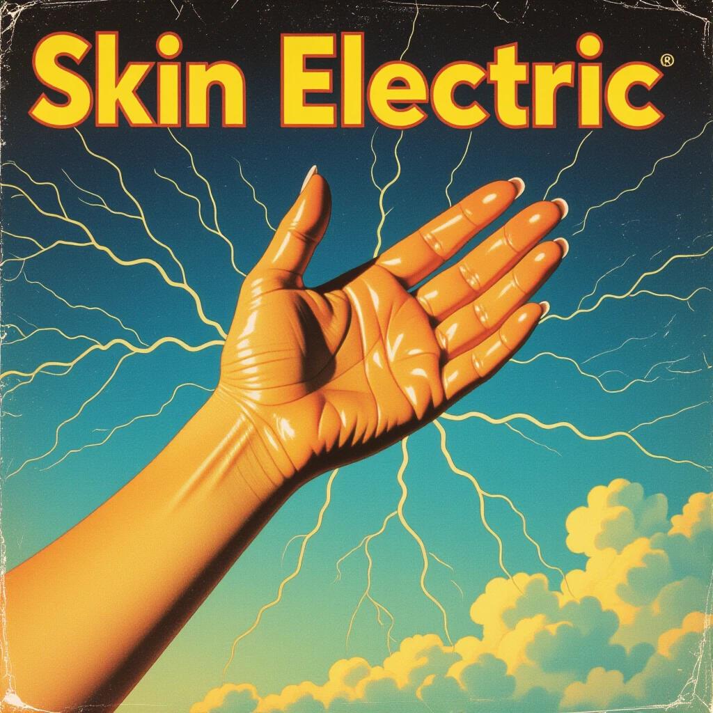 Image features a female arm positioned crosswise. Goosebumps visible on the arm. Title Skin Electric displayed prominently. Style inspired by 1980s album covers.