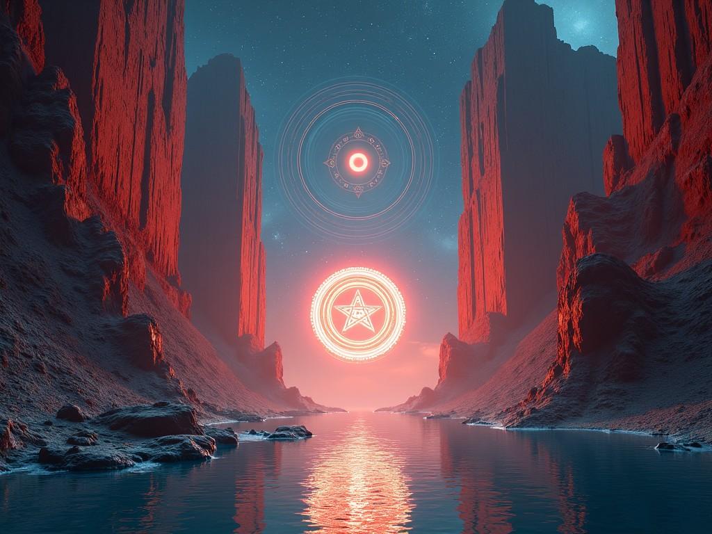 Imagine an interdimensional landscape featuring a Sancta Sanctorum. Towering red rock formations rise dramatically from a shimmering body of water, which reflects the dark blue sky above. At the center is a mysterious cult symbol, a glyph encased in bright spirals and surrounded by striking rays of light. Below, rocky formations reminiscent of the Pillars of Creation stand tall against a cosmic backdrop. The atmosphere evoked is one of both wonder and trepidation, suggesting themes of exploration and various states of mind. This artwork splendidly combines elements of fantasy and science fiction, making it ideal for an exhilarating musical journey.