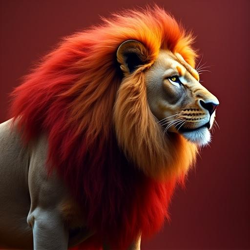 A lion with a striking red mane gazes into the distance in profile. The lion's expression is powerful and noble, showcasing its regal nature.