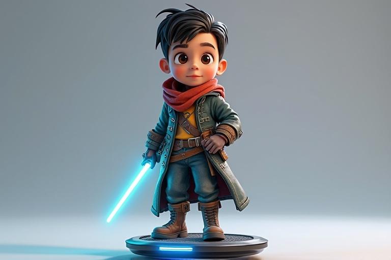 2D concept art of a space pirate 8-year-old boy in a futuristic hi-tech outfit holding a lightsaber and standing on a hoverboard in the style of Disney Pixar