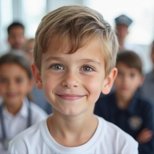 Close-up of a little boy's face in a white shirt with other children and adults representing various professions in the background. The group is looking up hopefully with smiles. The boy's face is in focus.