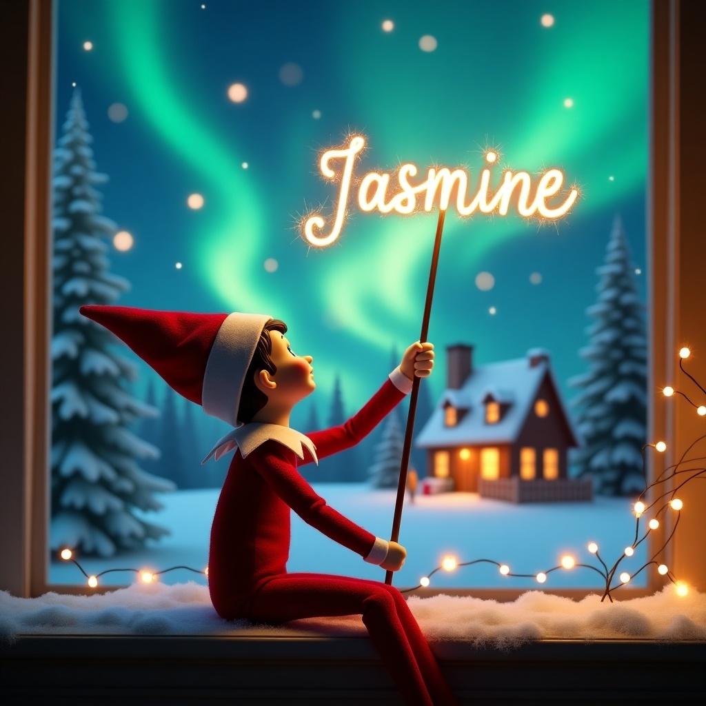 An elf on the shelf sits with its back to the viewer, gazing skyward. The elf holds a glowing wand that emits sparkling light. In the background, a charming Christmas scene unfolds with colorful northern lights swirling above. A cozy house decorated for the holidays can be seen in the distance, with snow covering the ground, enhancing the winter atmosphere. The elf's playful position embodies the magic and wonder of Christmas, while the name 'Jasmine' is beautifully crafted in the air with the wand, creating a sense of holiday cheer.