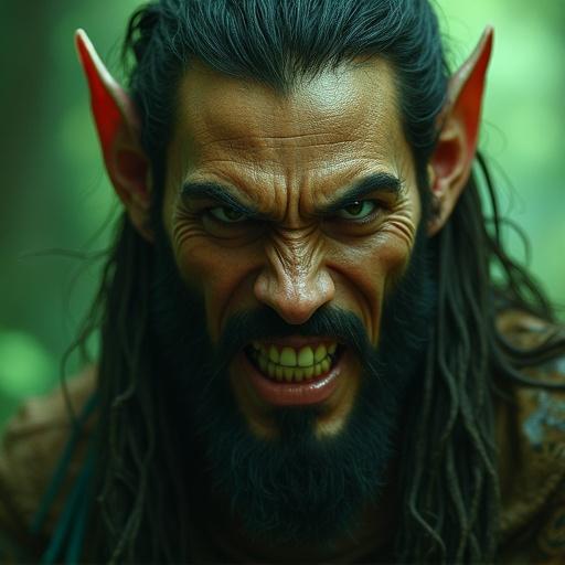 Close-up portrait of a male elf with an intense angry expression and a twisted smile. Background is an enchanted forest with dramatic lighting. Dark emerald and gold color tones are prominent. Hyperrealistic with insane detail.
