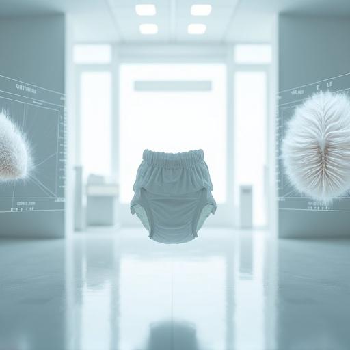 Futuristic scene in a white medical laboratory. Baby diaper floats in the middle. Surrounded by holographic screens. One screen shows soft feathers. Another shows layers of the diaper.
