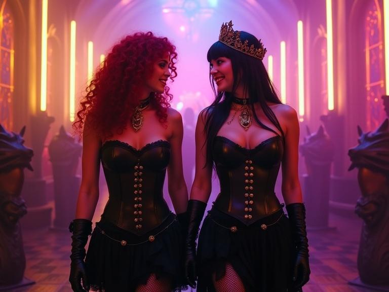 Two confident gothic women walk side by side in a neon-lit steampunk nightclub. One has curly red hair and the other has styled black hair with a steampunk headpiece. They wear black leather corsets with golden buttons and lace skirts. Their makeup features bold red lipstick and gothic chokers. The nightclub has gothic architecture with statues and neon lights. The lighting is purple, pink, and yellow, creating a rich scene. The camera angle is low, showing them moving together.
