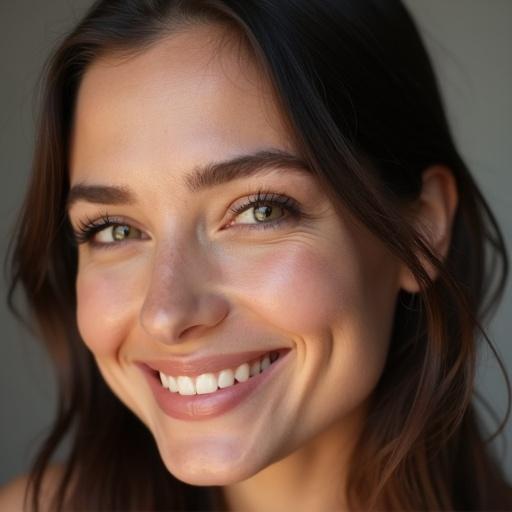 A woman smiling with warm natural beauty. The portrait highlights her joyful expression and soft hair. Close-up shot with soft lighting enhances her features. Focus on her smile and inviting aura.