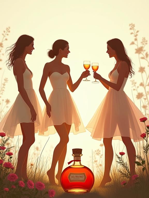 Minimalist screen printing artwork depicting three beautiful silhouette figures in short sun skirts toasting in a luxury garden. Lower bottle labeled ALFRUNO with a cork lid, glowing in the foreground. Natural flowers and herbs surrounding the scene. Exuding indulgence and extravagance.