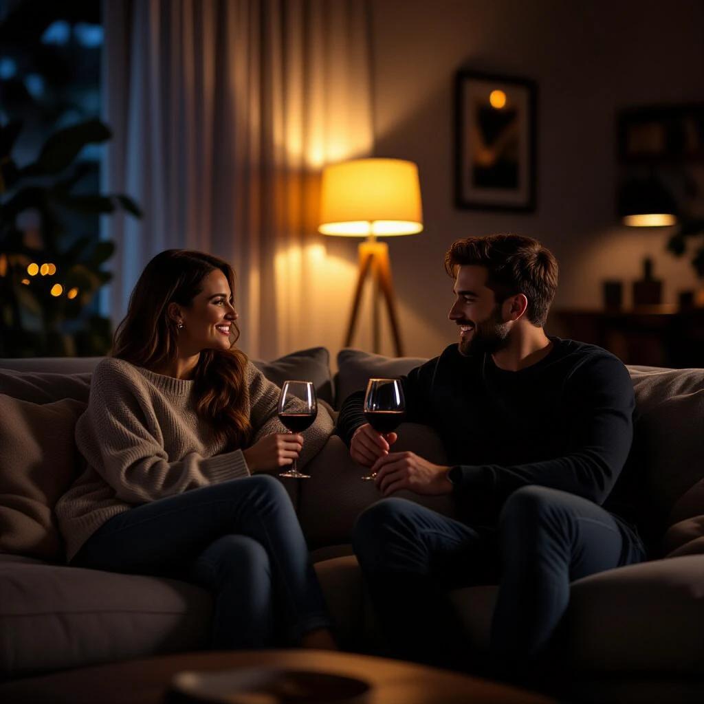 A wide shot shows a man and a woman seated on a sofa. They hold wine glasses and engage in conversation. The living room is dimly lit, creating a cozy atmosphere. The color palette is dark and muted with ambient lighting.