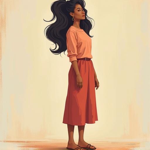 A woman standing with a stylish appearance. She has long hair and wears a loose top and a skirt. The colors are flat, resembling a canvas painting in a cartoon style.