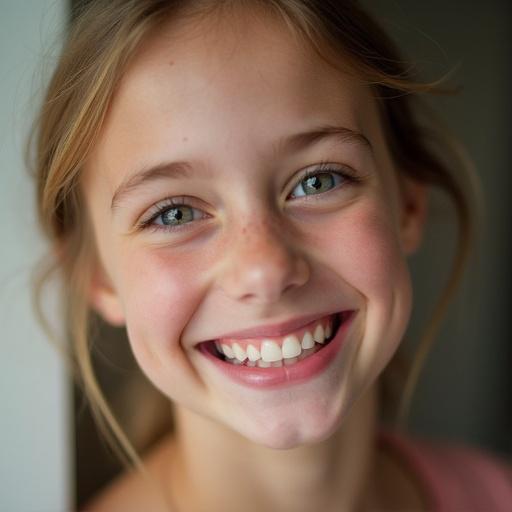 Close-up portrait of a smiling girl with a gap in her front teeth. Bright eyes and cheerful expression. Natural ambiance and soft lighting.