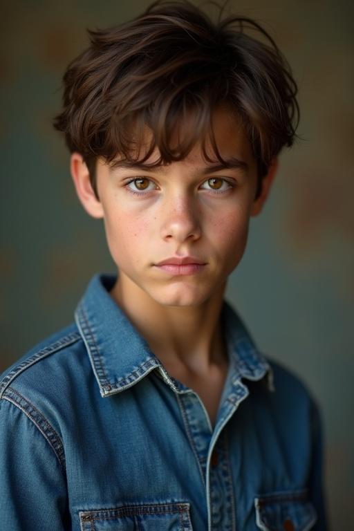 Portrait of a European teen boy with rugged features. He has dark brown eyes and a disheveled hairstyle. The boy wears a denim shirt. Background is softly blurred. Focus on upper body.